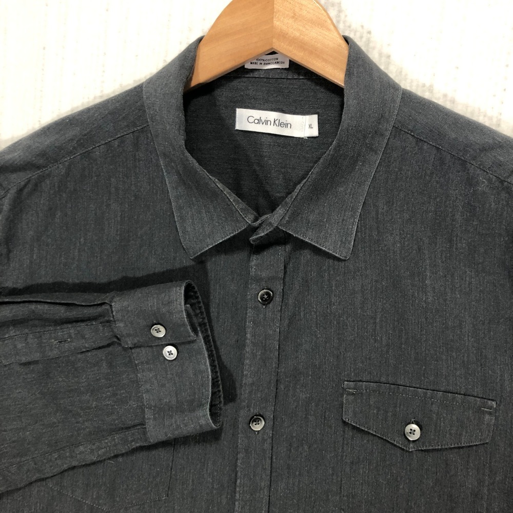 Calvin Klein Men's Charcoal Gray Cotton Long Sleeve Button Up Shirt XL